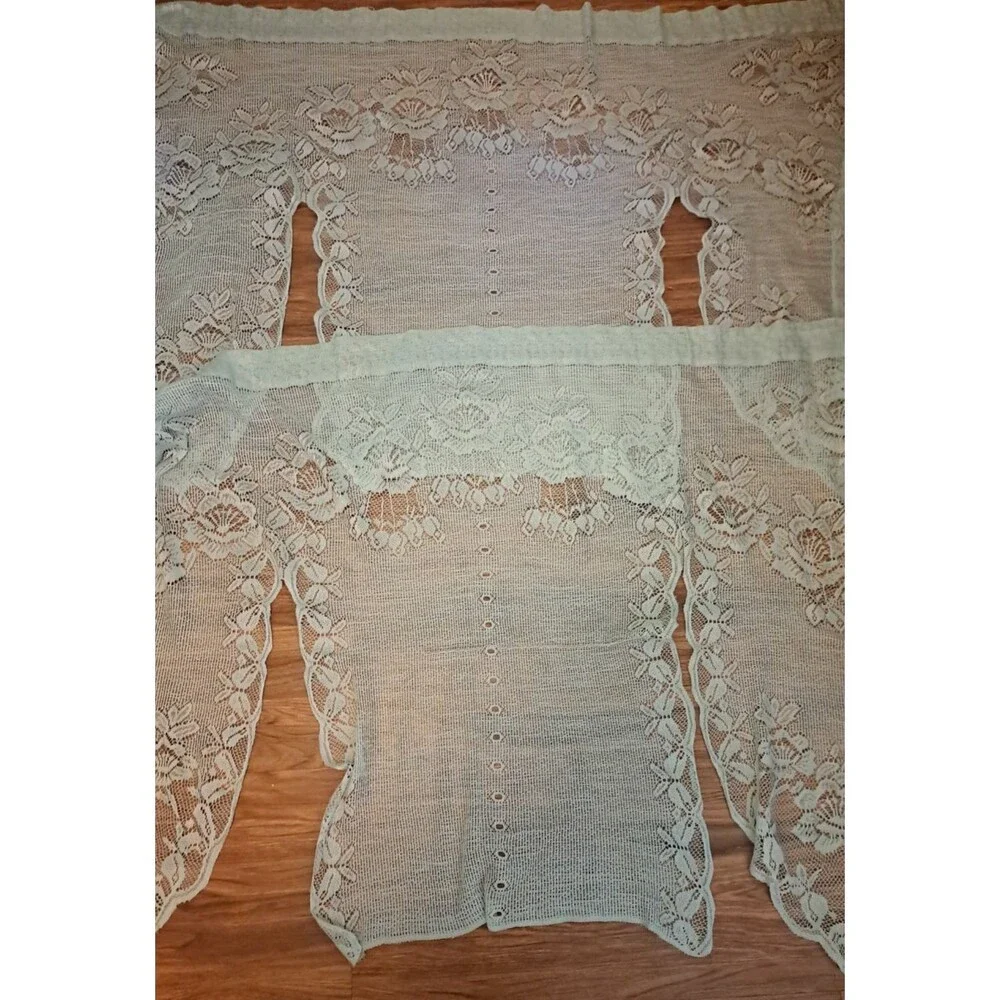 NEW Vintage Lace Swag Curtain Panels Butterflies Sage Green Boho Cottage 58x38